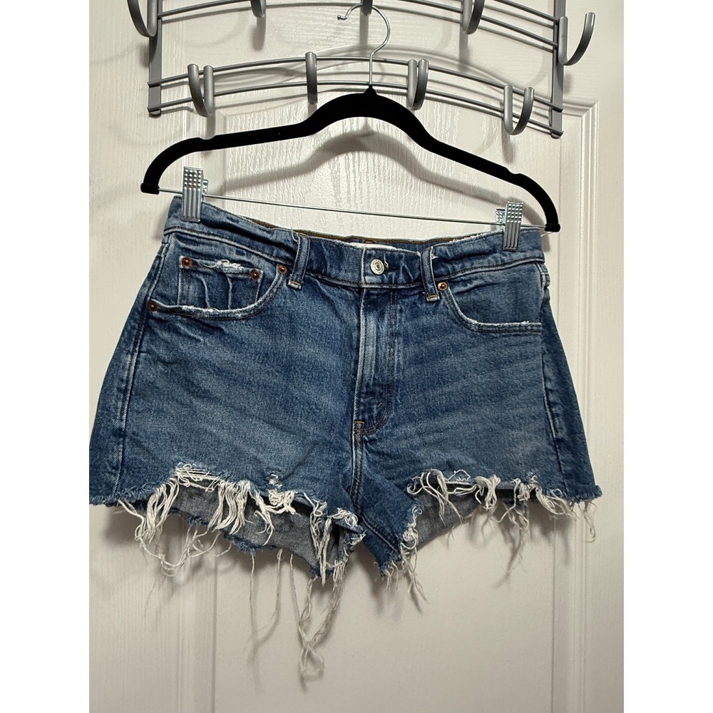 Abercrombie Fitch The Mom Short Distressed Raw Hem Denim Blue Jeans Womens 27 4
